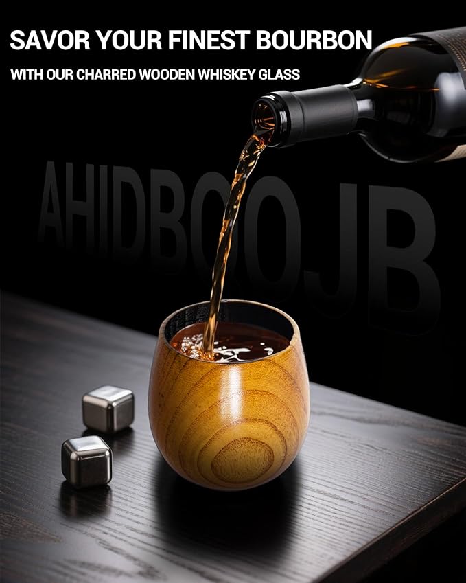 Wooden Bourbon Drinking Glass - Charred Wooden Whiskey Cup - Whiskey Glass for Men - Bourbon Gifts for Men Who Have Everything - Birthday Gifts for Dad Husband Boyfriend or Brother (1 Pack)