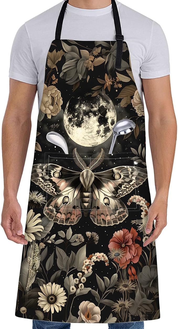 Mystical Moth Apron for Women with Moon,28x33in, Vintage Floral Kitchen Aprons with 2 Pockets,Oxford Fabric,Retro Adjustable Apron for Cooking Baking Gardening Chef,Gifts for Mom Wife