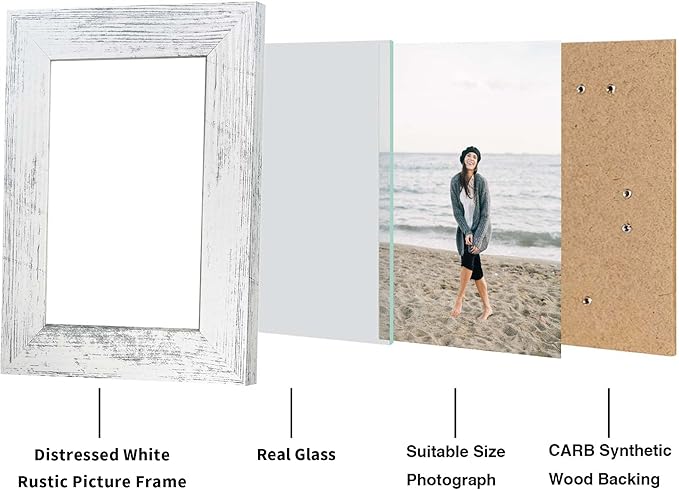 iRahmen 4x6 Picture Frame Set of 4, High Definition Glass Distressed White Frame, 4 x 6 Wood Photo Frames for Tabletop Display and Wall Mounting