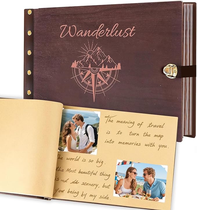 Personalized Travel Photo Album,Wooden Scrapbook Albums, Custom Adventure Photo Album,Memory Book for Couples, Friend, Family, Travel Memories