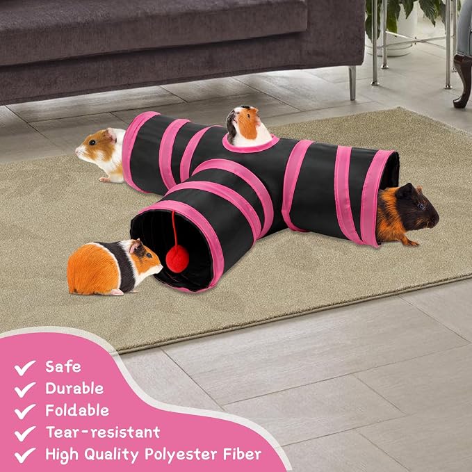 Rypet Guinea Pig Tunnel Hideout 3-Way Collapsible Pet Tubes, Red Black | 3 Way Design for Exploration, Collapsible for Easy Storage, Built-in Play Ball, Hiding & Resting for Hamsters Ferrets