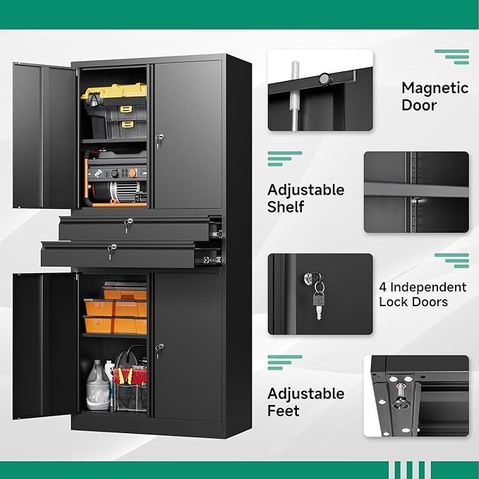 Letaya Metal Garage Storage Cabinet,71" Heavy Duty Steel Tool Cabinet with 4 Door Lock-Adjustable Shelves and 2 Drawer for Garage Home Office Utility Room (Black)