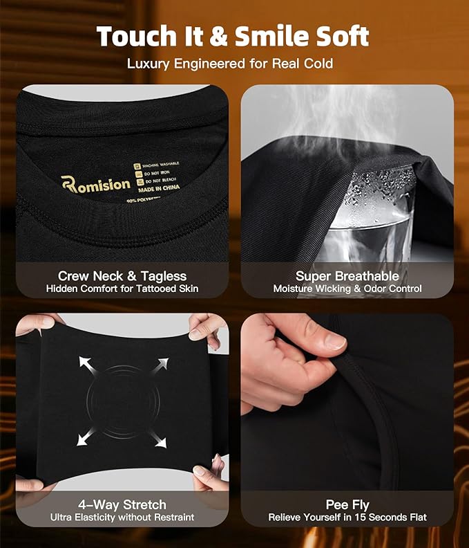 romision 2 Pack Thermal Underwear for Men Long Johns Fleece Lined Hunting Gear Bottom Top Set Base Layer Cold Weather XS-4XL