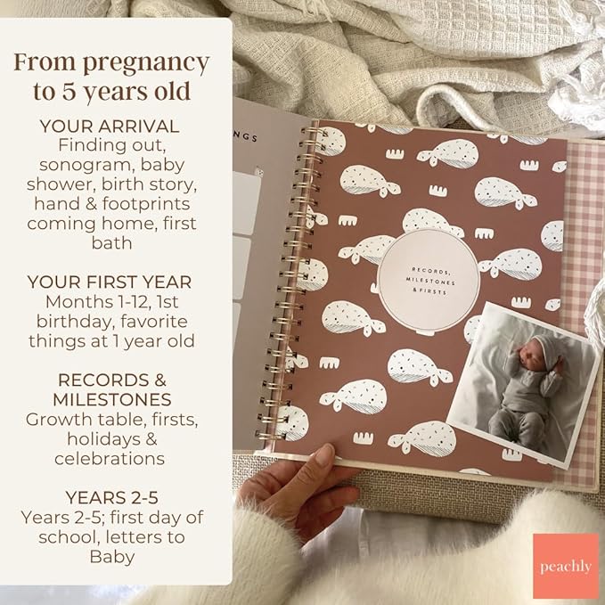 Peachly Unisex Baby Memory Book – Minimalist Baby First Year Keepsake for Milestones, Aesthetic Modern Scandi Baby Book – Gender Neutral, Linen Scrapbook (Charlie)