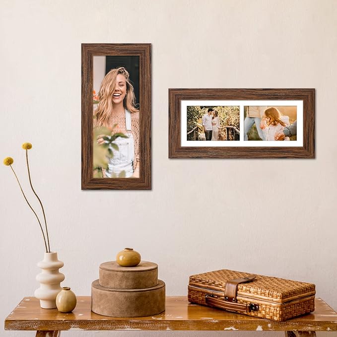 6x15 Picture Frame Display 2 opening 5X7 Double Picture Frame Collage,Multi Photo Frame with Mat,Plexiglass,Horizontal and Vertical Formats for Wall Décor,Carbonized Brown Wood Grain