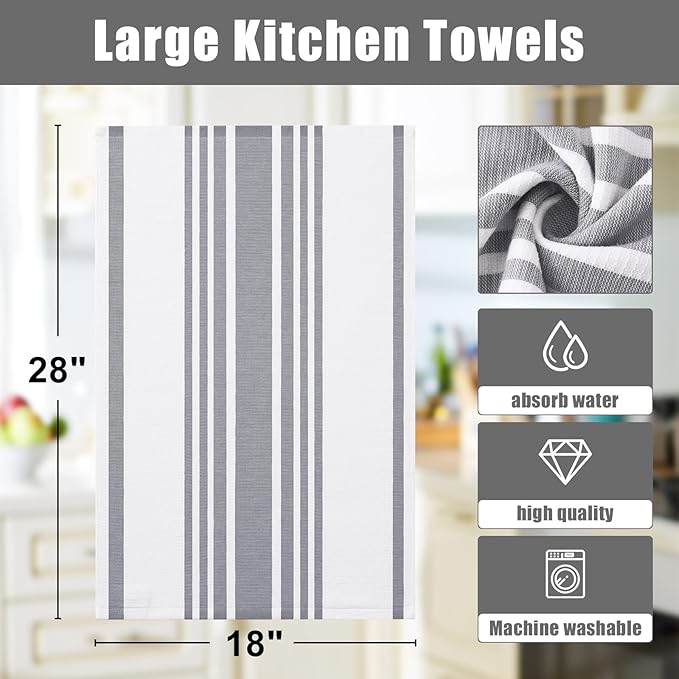 Homaxy Premium Kitchen Towels 18”x 28”, Large Cotton 380 GSM Kitchen Hand Towels, Stripe and Terry Dish Towel, Highly Absorbent Tea Towel Set with Hanging Loop, 8 Pack, Grey