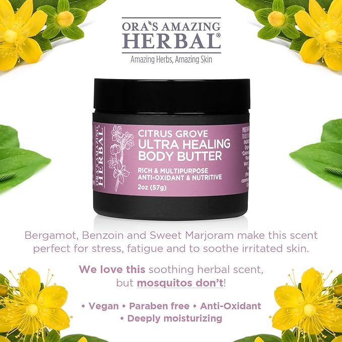 Ora's Amazing Herbal Ultra Healing Body Butter, Intensive Moisturizer For Dry Skin, Hand Cream with Organic Shea Butter, Marjoram & Bergamot Essential Oil, Herbal Skincare, Citrus Grove Scent, 2 oz