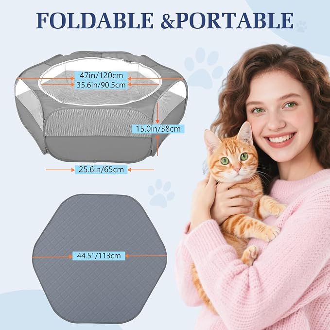 Pawaboo 2-in-1 Small Animals Playpen with Pad, Gray+Gray | Waterproof, Reusable Pad, Portable Outdoor Yard Fence with 3 Metal Rod, For Chick/Kitten/Guinea Pig/Rabbits/Chinchillas