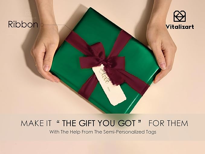 Vitalizart Green Matte Metallic Wrapping Paper Set 17" With Red Silk Like Satin Ribbon & Gift Tags Recyclable Eco-Friendly Christmas Gift Wrapping Birthday Baby Shower Wedding Handmade Crafts 197"(16.4 Ft)