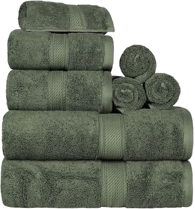BLUENILEMILLS Madison Egyptian Cotton Towels, Towel Set for Bathroom, Shower, Hotel, Plush, 900 GSM, Highly Absorbent and Ultra-Soft Towels, Bath Essentials, 8 Piece Assorted Towel Set, Forest Green