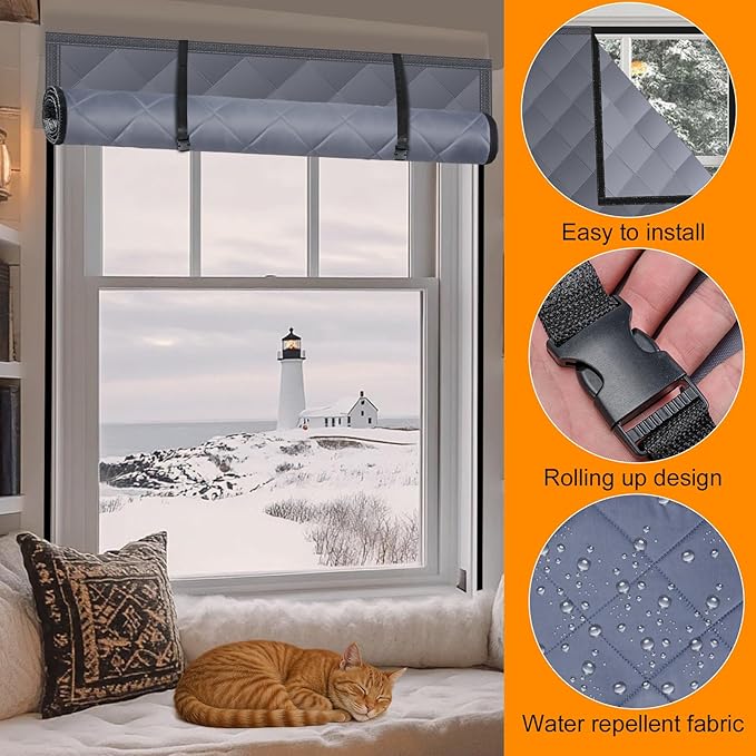 3 Layer 47x63in Thermal Insulated Window Cover for Winter,Roll-Up Insulated Window Blanket with Hook & Loop,Windows Insulation Kit for Bedroom Attic RV to Keep Winter Warm