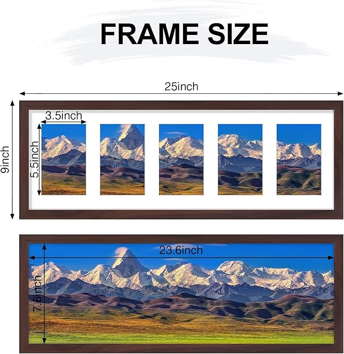 Vittanly 8x24 Collage Picture Frame, Displays 5Pcs 4x6 Pictures with Mat or 1Pcs 8x24 without Mat, Picture Frames Collage Wall Decor for Horizontal or Vertical Display, Brown, 1 Pack