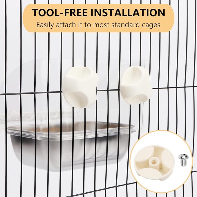 Hypeety Transparent No Mess Bird Feeder for Cage with Anti-Slip Perch | Clear acrylic cage feeder, stainless steel food bowl, easy to install, fits most cages, for parrots/cockatiels/conures/quaker