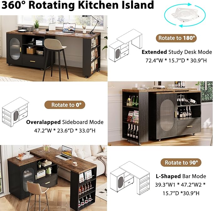 HSH 72" Rustic Kitchen Island with Storage, Mobile Farmhouse Kitchen Island Cart with Cabinet, Drawer & Shelves, Island Table on Wheels for Meal Prep, Dining Room & Home Bar, Rustic Brown & Black Oak