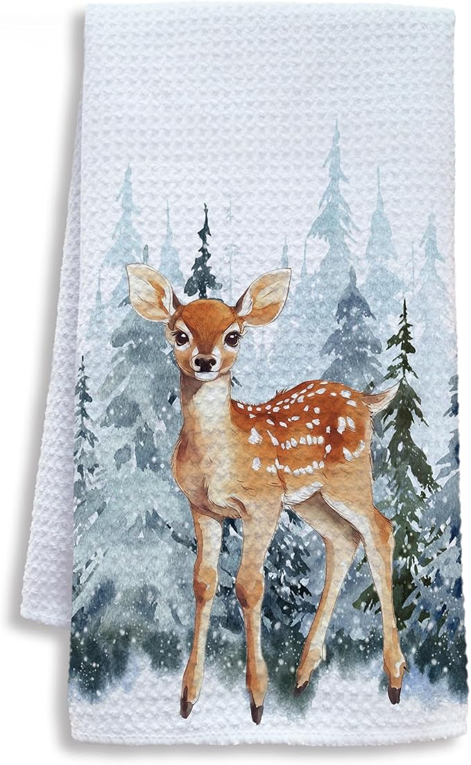 Winter Christmas Deer Kitchen Towels, Deer Gifts, Animal Lover Gifts Dish Tea Towels for Kitchen, Winter Pine Tree Forest Decorative Hand Towel for Kids Bathroom Decor, 16x24 Inch