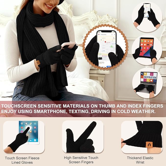 UMIPUBO Winter Beanie Hats Scarf Touch Screen Gloves Fuzzy Socks Ear Muffs 5pcs Set for Women Winter Ski Outing Set