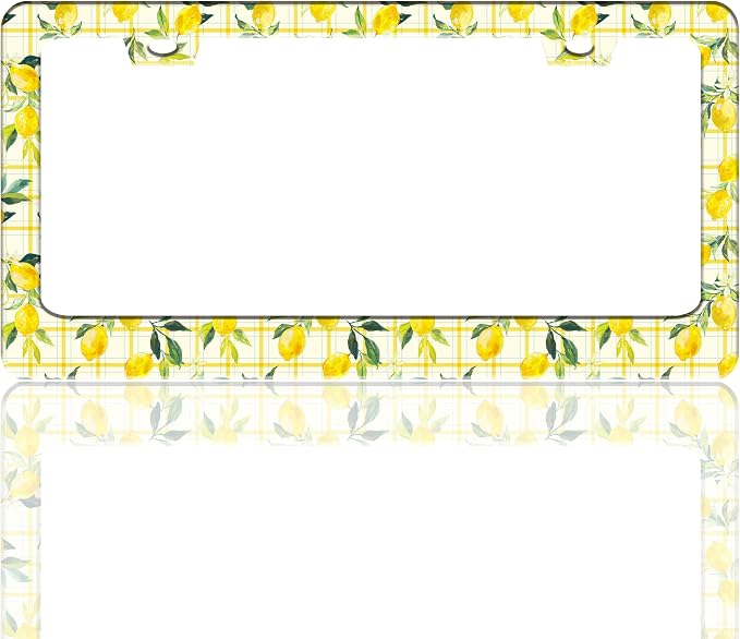Yellow Lemon Fruit License Plate Frame Stainless Steel 6.3 X 12.2 Inch | Fits US Standard With Screws Rust Resistant For Car Front Rear Decoration Accessories Easy Installation For Cars SUV Truck