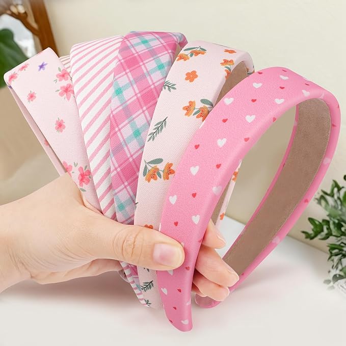 obeoby Pink Stripe Headbands for Girls Gift, 1 inch Wide Trendy Headband Non Slip for Everyday Styling Casual Outings(5Pcs)