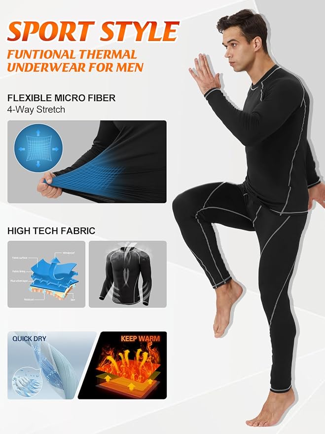 CL convallaria Thermal Underwear for Men Long Johns Fleece Lined Hunting Gear Set Base Layer for Cold Weather XS-4XL