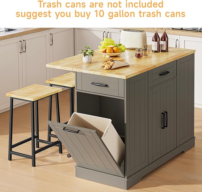 ONBRILL Stationary Kitchen Islands Include 2 Chairs, 47" Kitchen Island with Drop Leaf, Home Bar Table with Spice Rack & with Trash Cabinet, Island Table for Dining Room with Power Outlet, Grey