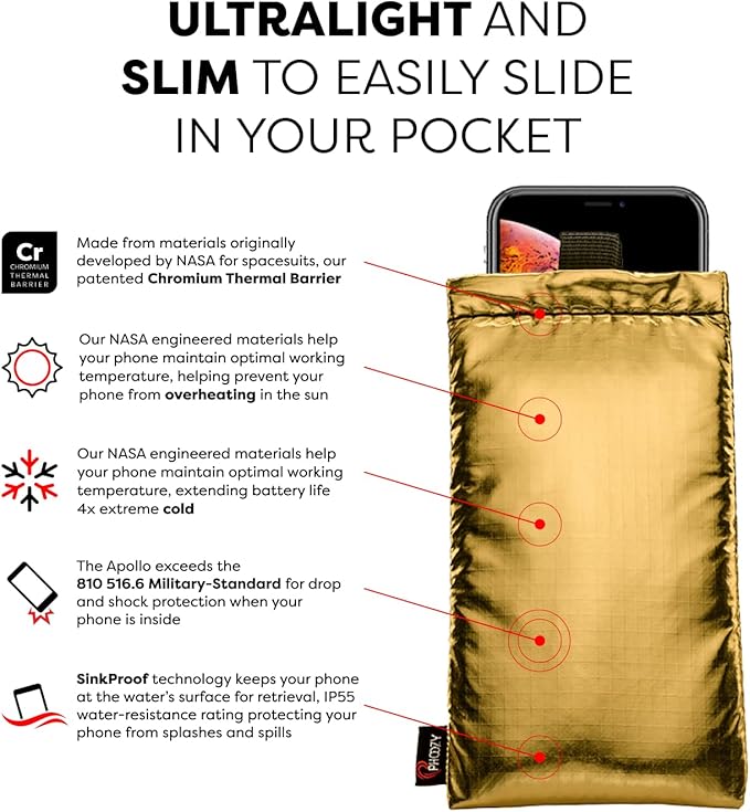 PHOOZY Apollo Thermal Phone Case | Insulated Phone Pouch Extends Battery Life 3X in Freezing Weather | Cold Resistant Drop Protection | Military Grade Water Resistant | Large | Gold