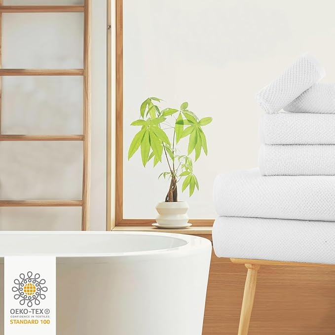 CASA COPENHAGEN Popcorn Textured 6 Pieces Towel Set- White, 550 GSM 2 Bath Towel 2 Hand Towel 2 Washcloth, Rough & Tough Use Cotton Towels Gift Set for Bathroom