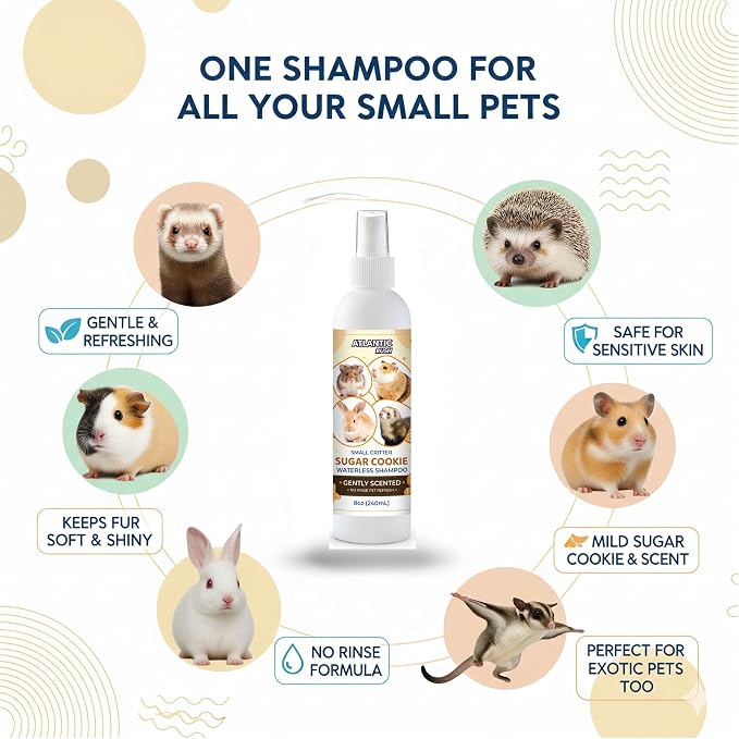 Waterless Shampoo for Small Critters - 8oz Cruelty Free Dry Shampoo - No Rinse for Pet Ferrets, Guinea Pigs, Hedgehogs, Sugar Gliders, Rabbits & Hamsters (8 oz, Light Sugar Cookie)