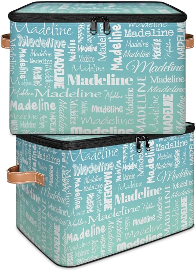 Custom Storage Basket with Name, Personalized Keepsake Box with Zipper Lid, Foldable Fabric Memory Bin Large capacity with Handle Grey Blue Green