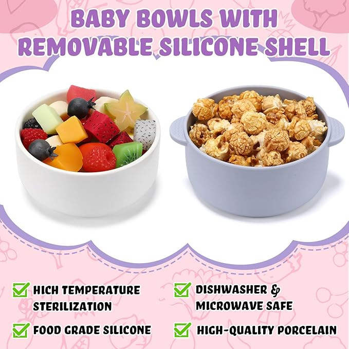 Domensi 4 Sets Kids Porcelain Bowls with Removable Silicone Sleeve 2-in-1 Porcelain Toddler Bowls Microwave Dishwasher Safe Cereal Snack Soup Dishes for Baby Children Feeding Supplies (Morandi Colors)