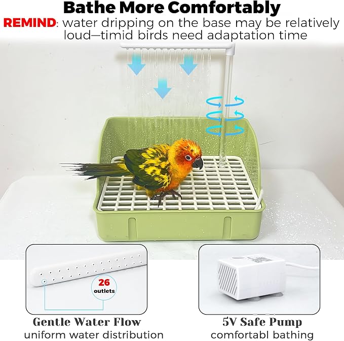 Automatic Parakeet Bird Bath with Pump, Large Bird Shower Fountain | Indoor Bathtub with Running Water, Parrot Bath Tub Faucet for Pet Birds, Cockatiel, African Grey, Budgie, Conure, Lovebird