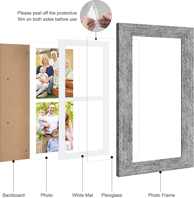 6x15 Picture Frame Display 2 opening 5X7 Double Picture Frame Collage,Multi Photo Frame with Mat,Plexiglass,Horizontal and Vertical Formats for Wall Decor,Grey Wood Grain