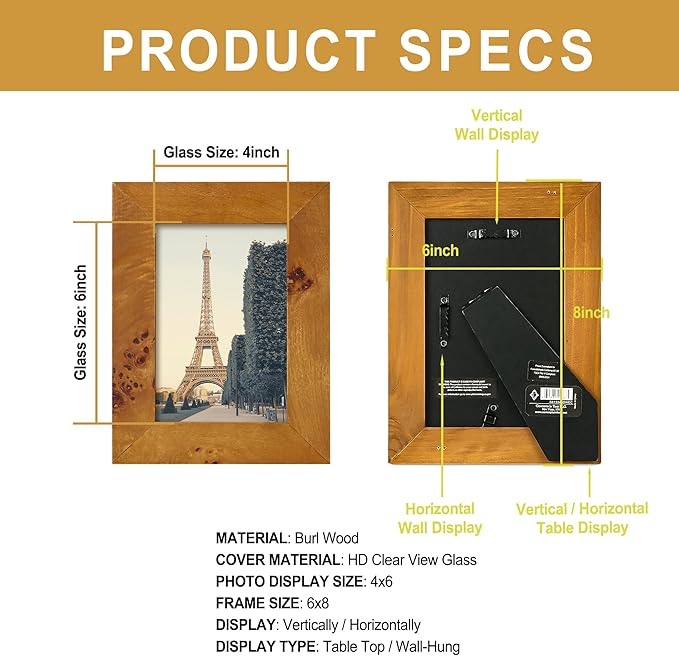 Concepts DHD, Burl Wood Picture frame, Wallhung Or Tabletop Décor In Bulk,Table And Wall Photo Collage (4x6, 4 Pack)