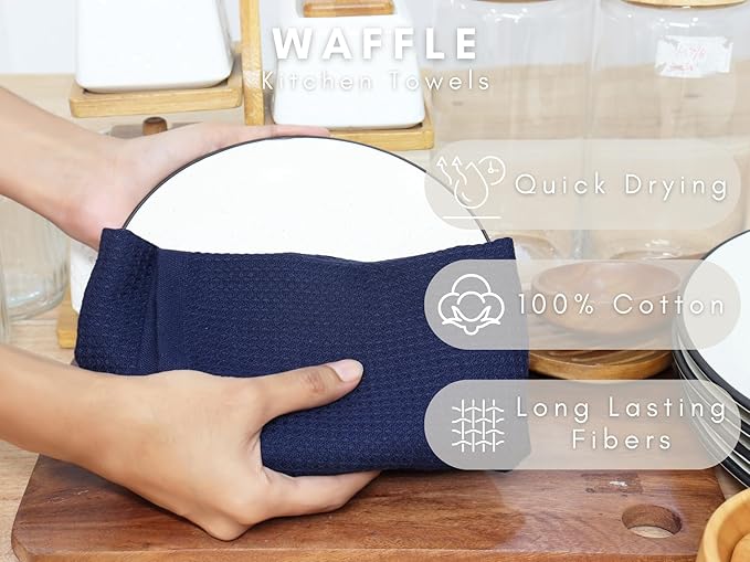 PurpleEssences Waffle Weave Kitchen Towel, 100% Cotton 15x25 Inches, with Hanging Loop Soft Absorbent Quick Drying Dish Cloth, Tea and Hand Towels, 6 Pack - Christmas Holiday Winter - Navy Blue