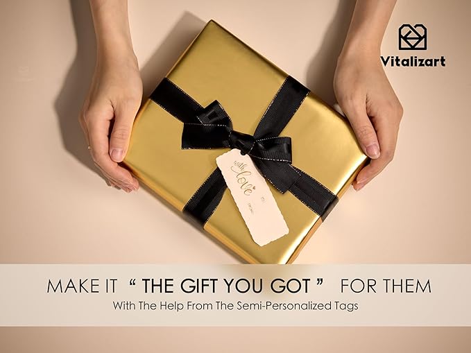 Vitalizart Gold Matte Metallic Wrapping Paper Set 17" With Silk Satin Ribbon & Gift Tags Christmas Gift Wrapping Birthday Baby Shower Wedding Bouquets Handmade Crafts 197"(16.4 Ft) Black Ribbon