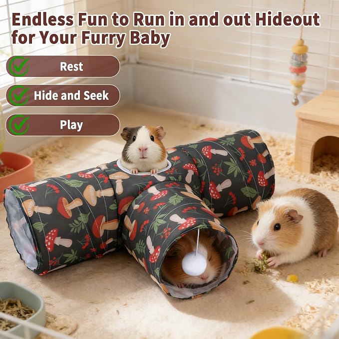 Rypet Guinea Pig Tunnel Hideout 3-Way Collapsible Small Pet Tubes, Mashroom | 3 Way Design for Exploration, Collapsible for Easy Storage, Built-in Play Ball, Hiding & Resting for Hamsters Ferrets