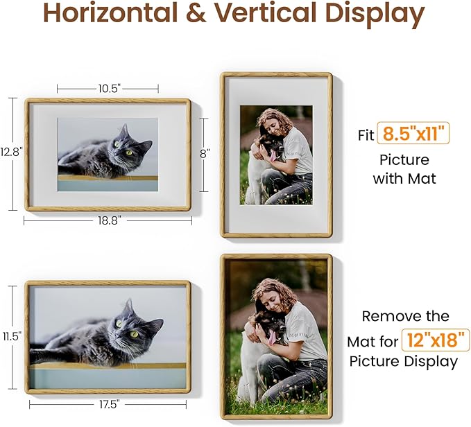 12x18 Picture Frame Natural Oak Wood From California-USA with Real Tempered Glass, Handcrafted 12 x 18 Diploma Frame Matted to 9x12 Photo,Certificate,Degree,Graduation Picture Display Wall Decoration