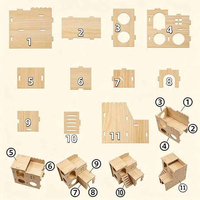 26 Pcs Hamster Cage Accessories, Silent Wheel & Wood House Set | Includes Maze House, Water Bottle, 13 Chew Toys, Seesaw Bridge; Natural Wood, for Guinea Pigs Chinchillas Gerbils Mice Rats
