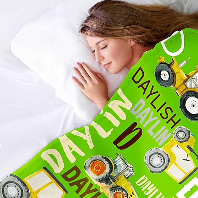 Personalized Tractors Blanket - Custom Name with Farm Tractor Trucks Design - Soft Plush Flannel Bed Blanket for Baby Kid Teen Boys Girls Customized Gifts Bright Green