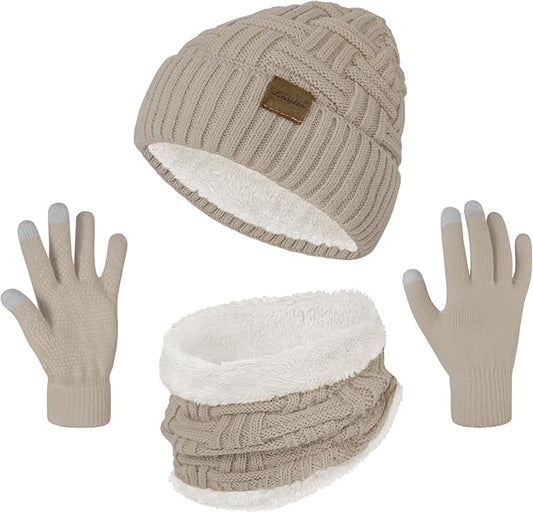 Loritta 3-Pieces Winter Hat Neck Warmer Touchscreen Gloves Set Knit Thick Scarf Beanie Hats Scarves Set Gifts for Women