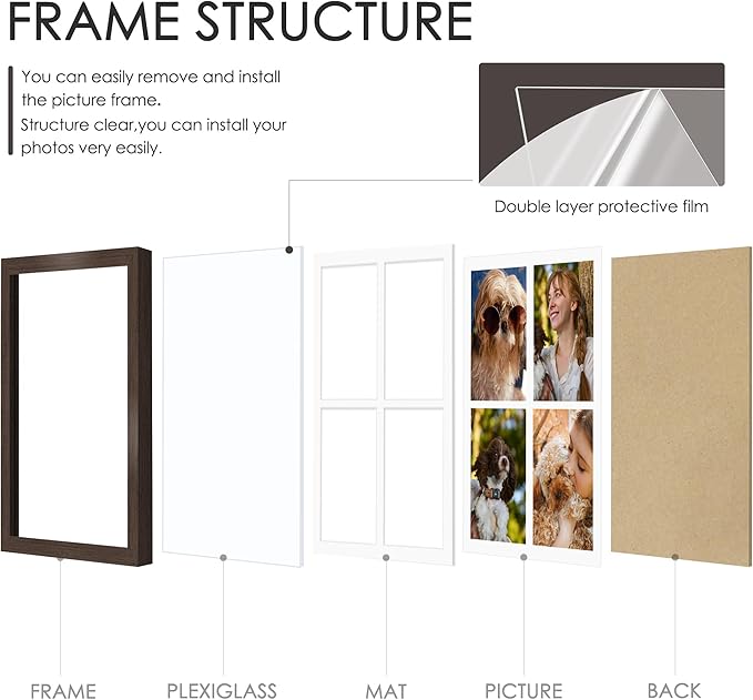 12x16 Picture Frame 5x7 Collage Picture Frame Displays Four 5x7 inch Photos or 12x16 (Without Mat) for Available Horizontal Wall Mounting Display and Vertical Walnut