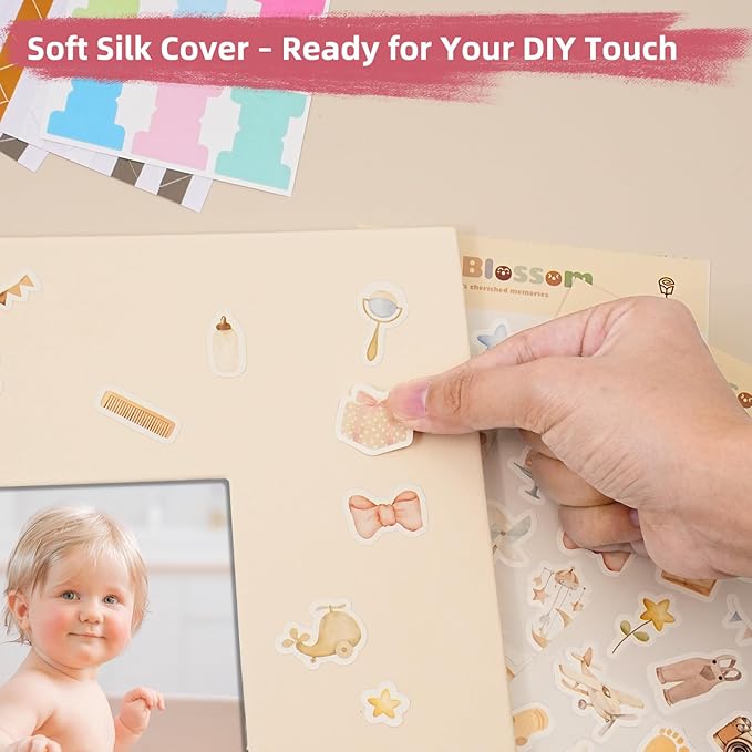 Vienrose Kids Scrapbook Album 8.5"X8.3" with Window Silk Fabric Cover Acid-Free Pages Personalised DIY Photos Scrapbooking for Baby Memory Book, First Year Keepsake Journal Gift Boy Girl, Beige