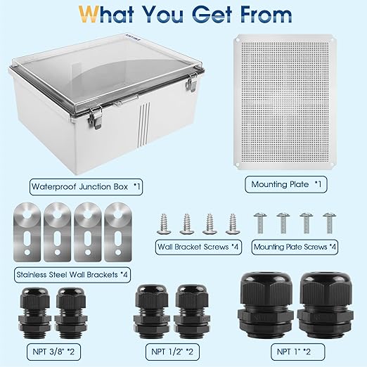 Waterproof Outdoor Project ABS Plastic Junction Box IP67 Weatherproof Dustproof Enclosure with Hinged Cover, Mounting Plate,Wall Brackets for Power Project (Clear,17.7"x13.8"x7.9")
