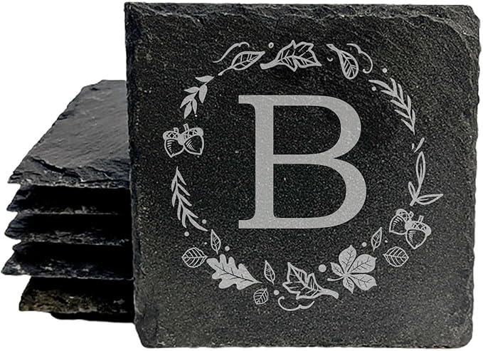 Personalized Monogram Family Coasters, Natural Stone Set, Birthday, Wedding, Customized, Rustic - Square Slate - Set of 4