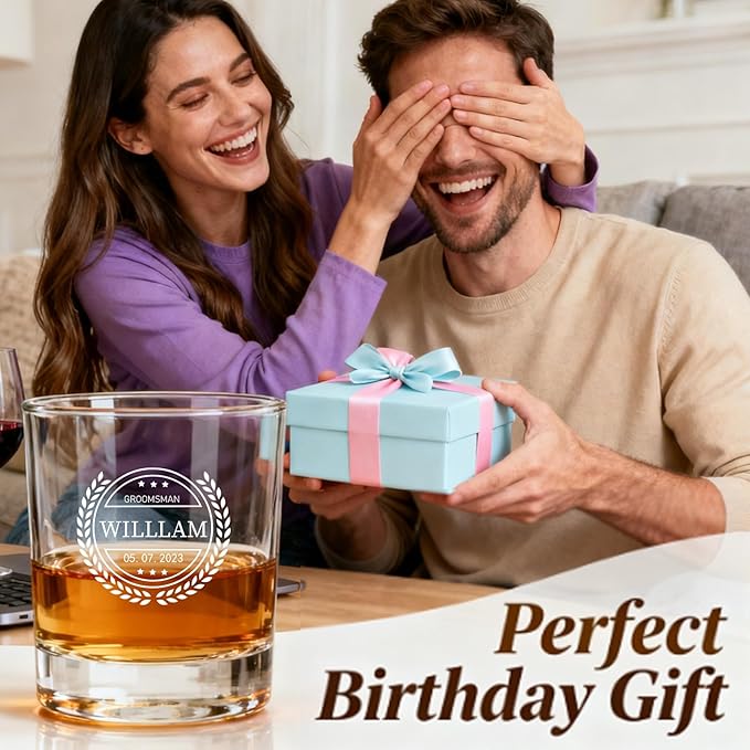 Personalized Engraving Whiskey Glass with Name, Customized Etched Monogram Rocks Cocktail Glasses for Him Husband Groomsmen, Bourbon Brandy shot Mug, Gifts for Wedding, Christmas, Birthday