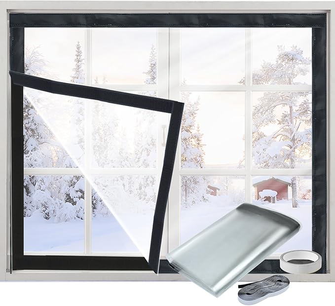 Window Insulation Kit for Winter Adjustable Plastic Insulated Window Cover Sealer Reusable Thermal Thicken Clear Insulation Wrap Transparent Film with Hook and Loop Tape for Winterizing 39'' x 63''