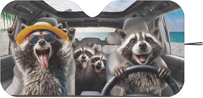 Funny Raccoon Car Front Windshield Sun Shade Universal Fit for Car Window Sunshades Cover Foldable Vehicle Windshield Protecion Heat Reduction Automotive Interior