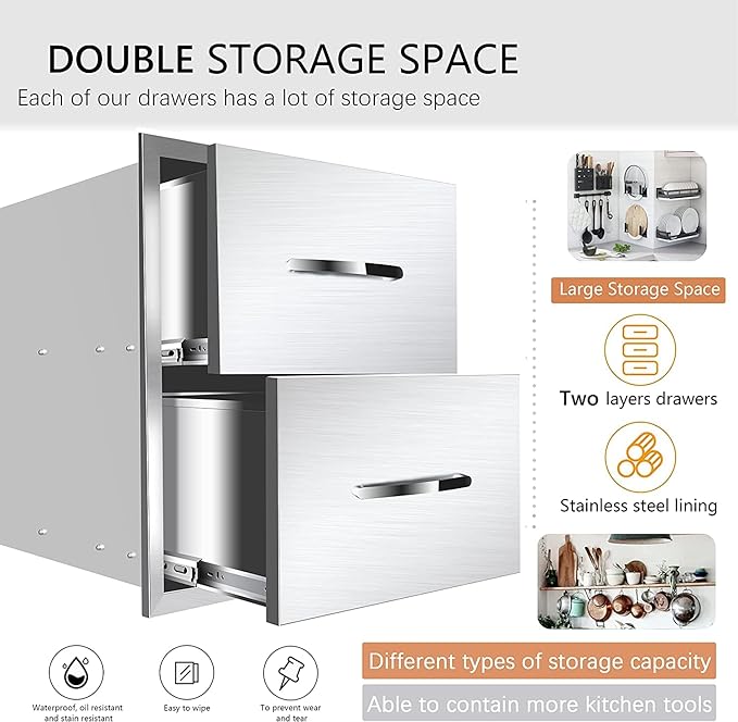 Outdoor Kitchen Drawers Stainless Steel 18W X 23H X 23D Inch, Flush Mount Access BBQ Drawers with Handle, Double BBQ Island Drawer for Outdoor Kitchens Island, Patio or Grill Station