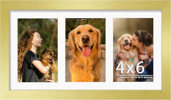 8x14 Collage Picture Frame 4x6 Collage Picture Frame Displays Three 4x6 inch Photos or 8x14 (Without Mat) for Available Horizontal Wall Mounting Display and Vertical Gold
