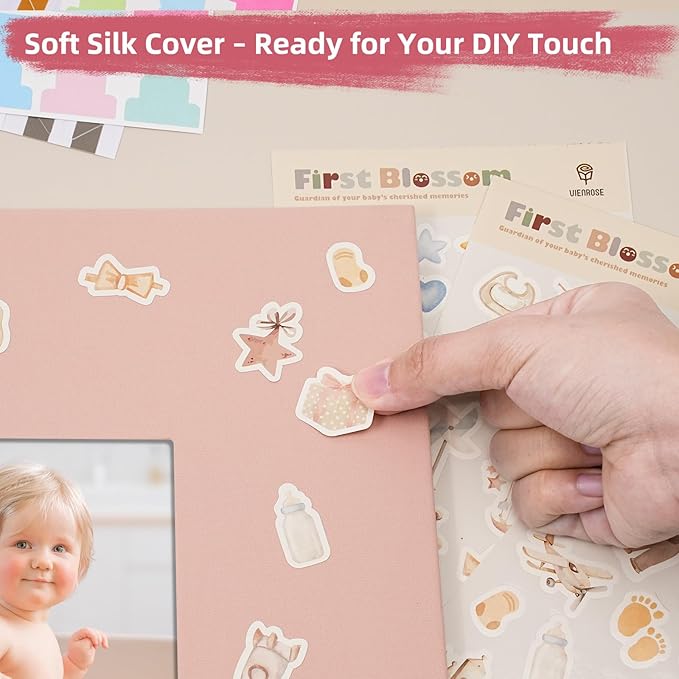 Vienrose Kids Scrapbook Album 10.4"X10.0" with Window Silk Fabric Cover Acid-Free Pages Personalised DIY Photos Scrapbooking for Baby Memory Book, First Year Keepsake Journal Gift Boy Girl, Pink