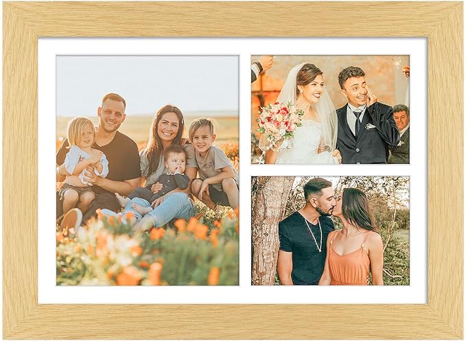 11x16 Picture Frame Display 3 opening Picture Frame 5x7 and 8x10 Collage,Multi Photo Frame with Mat,Plexiglass,Horizontal and Vertical Formats for Wall Decor,Natural Wood Grain